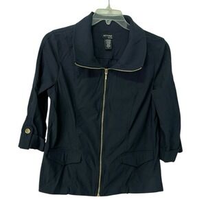 Attyre Large Navy Blue Zip Up Jacket 3/4 Sleeve Gold Hardware Office Core